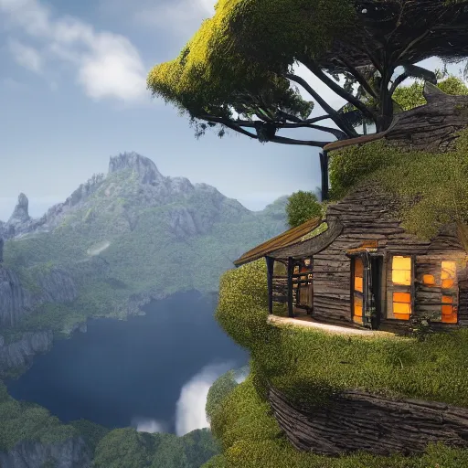 Image similar to house on the top of mountain island, unreal engine, high detail, realism, award winning, detailed lighting