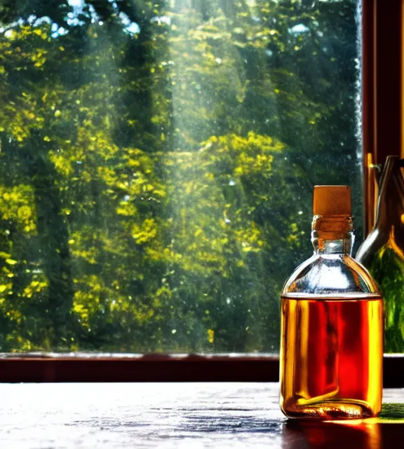 Image similar to a 4 k photorealistic photo of a bottle on a desk infront of a window. good reflections, sunny with sunbeams.