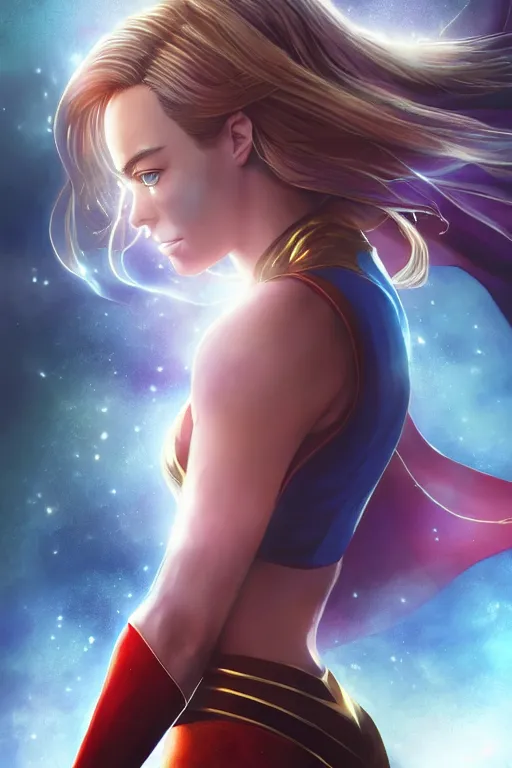 Image similar to majestic and anime key visual margot robbie female supergirl, dc universe, perfect face, beautiful, intricate, epic, elegant, fantasy, highly detailed, digital painting, hard focus, beautiful volumetric lighting, epic light, ultra detailed, by leesha hannigan, ross tran, thierry doizon, kai carpenter, ignacio fernandez rios