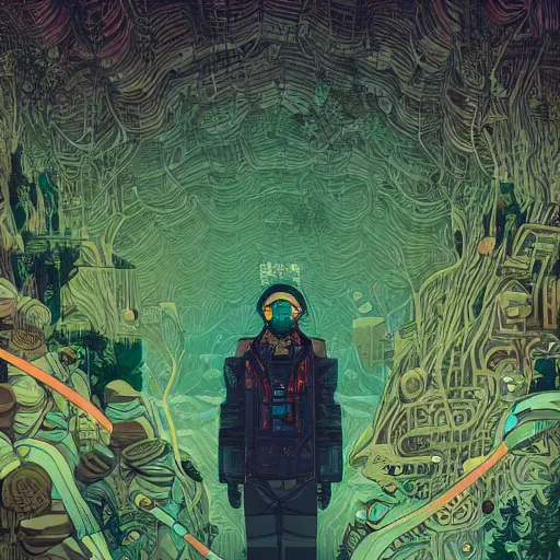 Image similar to Stunningly intricate portrait illustration of a single cyberpunk explorer overlooking a lush forest, highly detailed, midnight, by Victo Ngai and James Gilleard , Moebius, Laurie Greasley