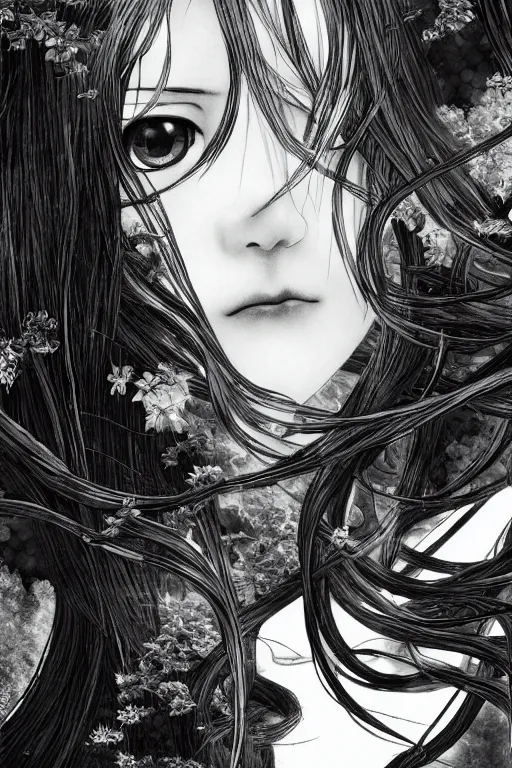 Image similar to a vertical portrait of a character in a scenic environment by Yoshitaka Amano, black and white, dreamy, (cybernetic), wavy long black hair, highly detailed