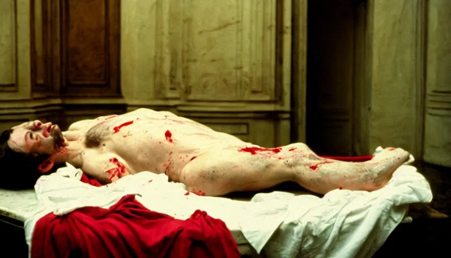 Image similar to movie still of jean - paul marat a wound at the chest, bleeding in the bath, cinestill 8 0 0 t 3 5 mm, high quality, heavy grain, high detail, cinematic composition, dramatic light, anamorphic, ultra wide lens, hyperrealistic, by fellini