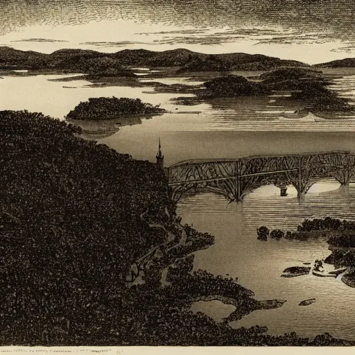 Image similar to The print shows a group of flying islands, each with its own unique landscape, floating in the night sky. The islands are connected by a network of bridges, and a small group of people can be seen walking along one of the bridges. by Franklin Booth artificial, melancholic