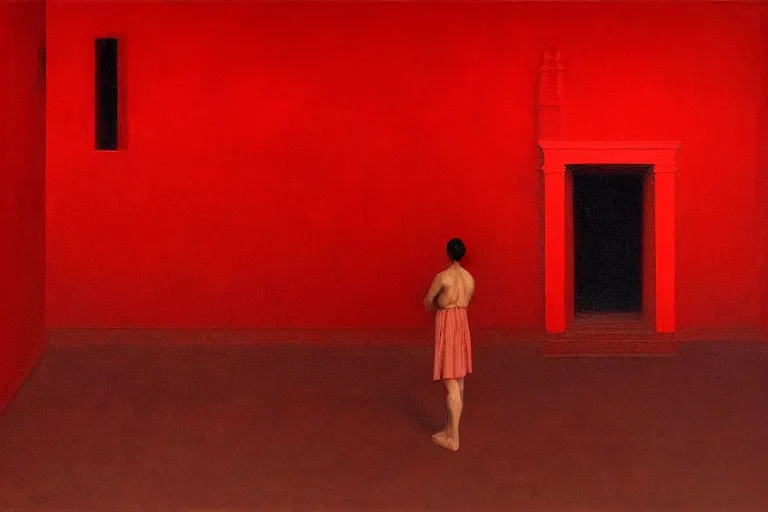 Image similar to only with red, crowd screaming, an exposed painting in a roman theater, in the style of beksinski, parts by edward hopper, parts by rodcenko, parts by yue minjun, intricate and epic composition, red by caravaggio, insanely quality, highly detailed, masterpiece, red light, artstation, 4 k