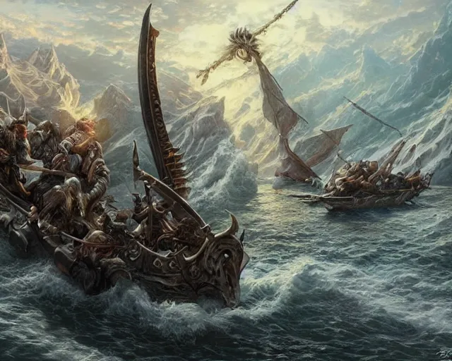 Prompt: Death is swallowed up in victory, very detailed and beautiful face, artwork by artgerm, Long Bow and arrows, on a Viking Ship, wide angle, full body, DD, fantasy, highly detailed, digital painting, artstation, smooth, sharp focus, art by thomas kinkade and Stephan Martiniere and Kevin Swartz