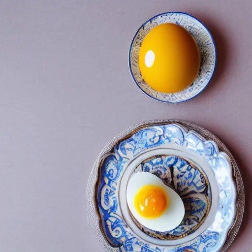 Prompt: a photograph of an egg, sitting on top a table, there is a table cloth with an ornate pattern. minimalistic,