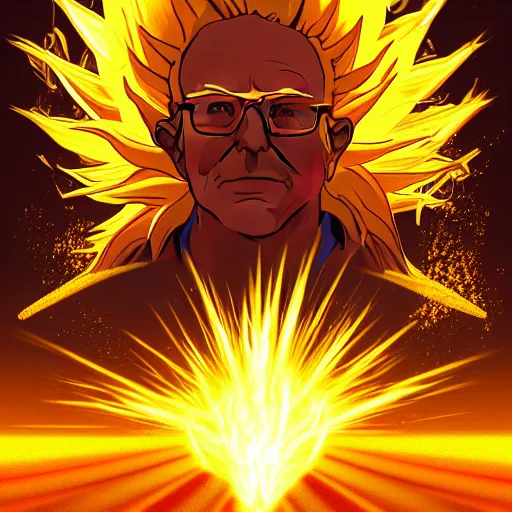 Image similar to portrait of Bernie Sanders with glowing golden aura flying over a desert field, super saiyan 3, yellow spiky hair, digital art