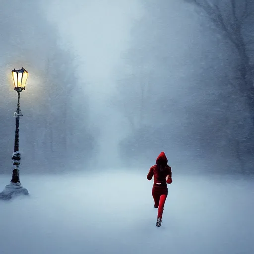 Prompt: woman running from Evil castle, in the snow, scary, foggy, flashlight, portrait, inspired by Evgeny Lushpin,George, greg rutkowski winter,nighttime,cinematic,art station