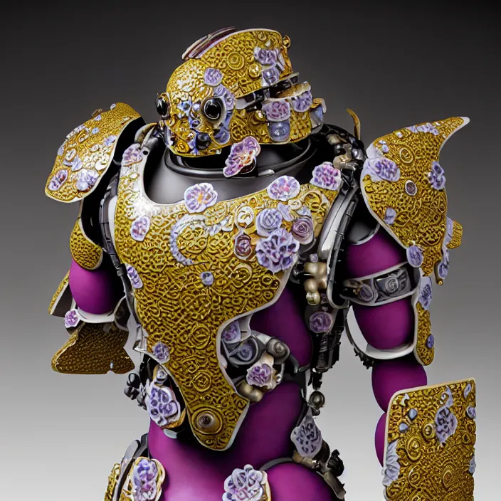 Image similar to ceramic cyborg, Kakiemon design armor with plums and stylized flowers in glaze and gilding, diffuse lighting, fantasy, intricate, elegant, highly detailed, lifelike, photorealistic, digital painting, artstation, illustration, concept art, smooth, sharp focus, art by John Collier and Albert Aublet and Krenz Cushart and Artem Demura and Alphonse Mucha