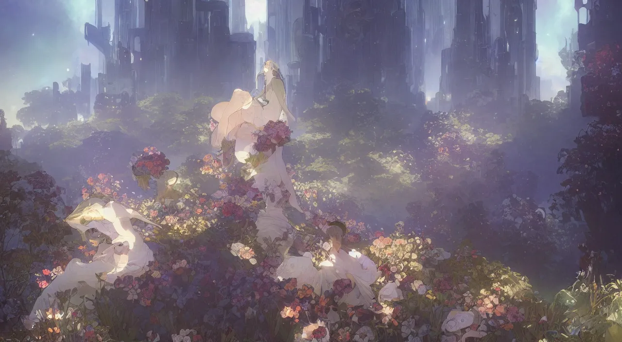 Prompt: A beautiful landscape painting of the future by Alfons Maria Mucha and Julie Dillon and Makoto Shinkai, with flowers and trees, skyscrapers and futuristic buildings
