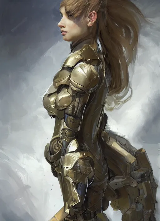 Image similar to a professional painting of a beautiful young female, clothed in military armor, olive skin, long dark hair, beautiful bone structure, symmetrical facial features, intricate, elegant, digital painting, concept art, smooth, sharp focus, illustration, from Metal Gear, by Ruan Jia and Mandy Jurgens and Artgerm and William-Adolphe Bouguerea