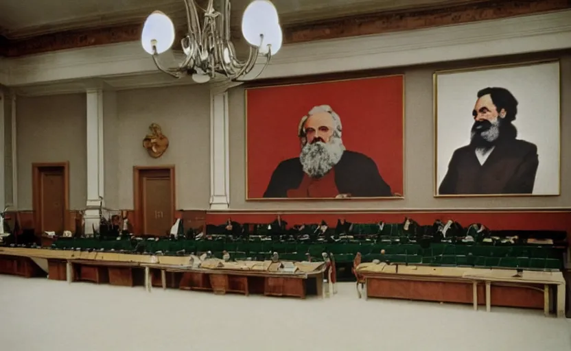 Image similar to 60s movie still of a stalinist style parlement with a giant painting of Karl Marx, by Irving Penn , cinestill 800t 35mm eastmancolor, heavy grainy picture, very detailed, high quality, 4k, HD criterion, precise texture, panoramic, cinematic