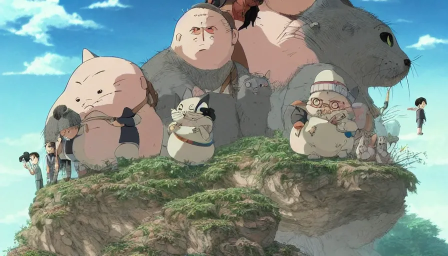 Image similar to the last fat catrider, comedy, graphic art, rgba, 8 k hd resolution, pinterest, dynamic character, 8 k character details, concept art, 8 k ultra realistic, intricate details, ultra detailed, reduce character duplication, in style of hayao miyazaki, by studio ghibli