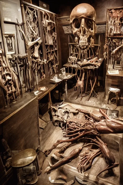 Image similar to inside a museum, a room where anatomical body parts are piece of arts by Rob Bottin, filth and grim, very detailed, ultra realistic photography