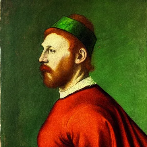 Prompt: a renaissance style full body portrait painting of an extremely muscular red haired man, wearing a crown and green cape, dark background. In the style of Degas.