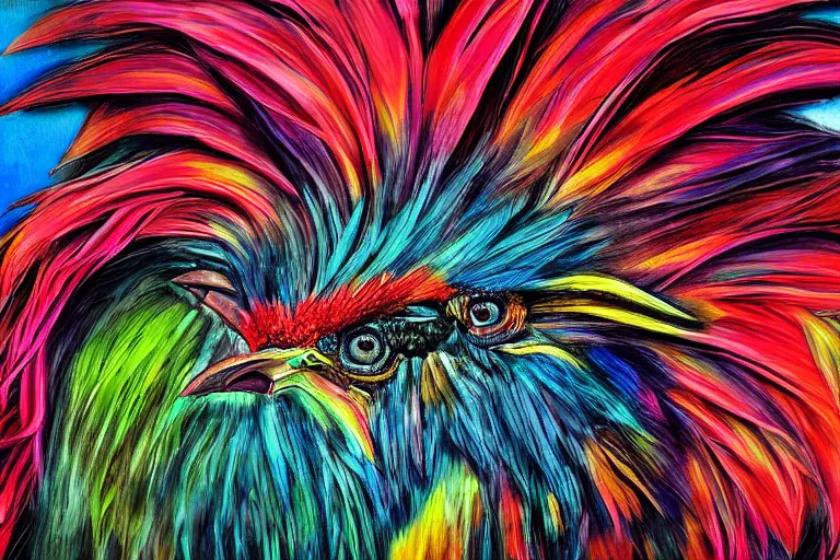 Prompt: digital painting of an ominous rooster with feathers of many colors, by javier medellin puyou and tim lord, portrait, sharp focus, colored feathers, jungle