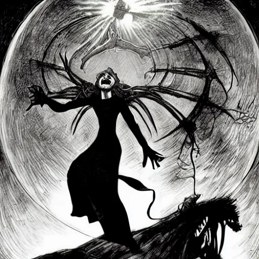 Image similar to epic fantasy painting of the wicked witch of the west summoning magical energy in order to shoot a huge fireball ; action pose, intense screaming expression, oz series, played by margaret hamilton, thatched worn rooftop background, art by adam hughes, in the style of adam hughes