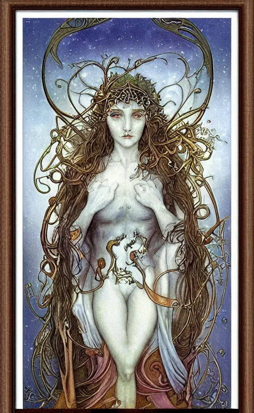 Prompt: art nouveau framed print by brian froud, goddess of winter