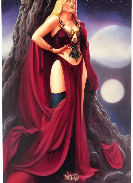 Image similar to portrait of plump norse goddess of the moon, maroon and black robe, iron crown strong line, deep color, beautiful! coherent! by boris vallejo