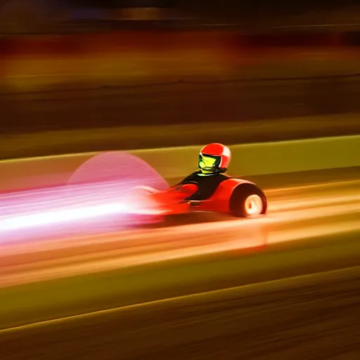 Prompt: go - kart racer taking a corner at speed on a race track, motion blur lights, laser, smoke, debris, fast movement, artistic angle shot, light streaks, dark mood, night time