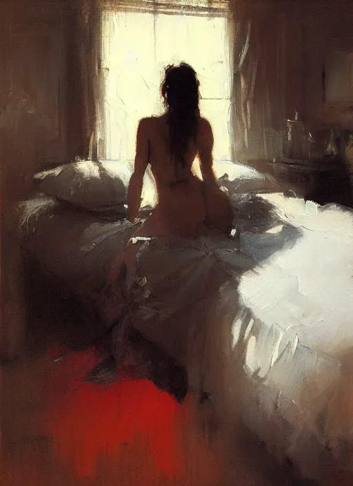 Prompt: portrait painting of a woman in an artistic pose at bed by jeremy mann, only one head single portrait