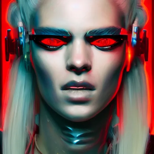 Image similar to A beautiful painting of a cyberpunk space jocky, girl with white hair fire red eyes sensual stare, Trending on artstation. augmentations and cybernetic enhancements neon circuits, greg rutkowski , hyperrealist, cinema4D, 8k highly detailed ❤️‍🔥 🔥 💀 🤖 🚀