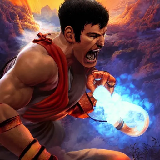 Image similar to freddy mercury as ryu street fighter, uppercut, ultra realistic, concept art, intricate details, highly detailed, photorealistic, octane render, 8 k, unreal engine, art by frank frazetta, simon bisley, brom