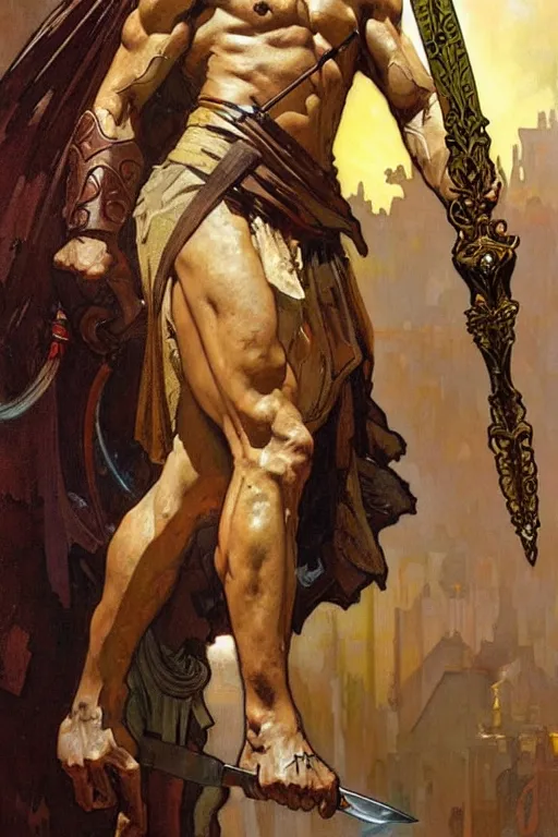 Prompt: A god holding a sword, muscular, fantasy, painting by greg rutkowski and alphonse mucha