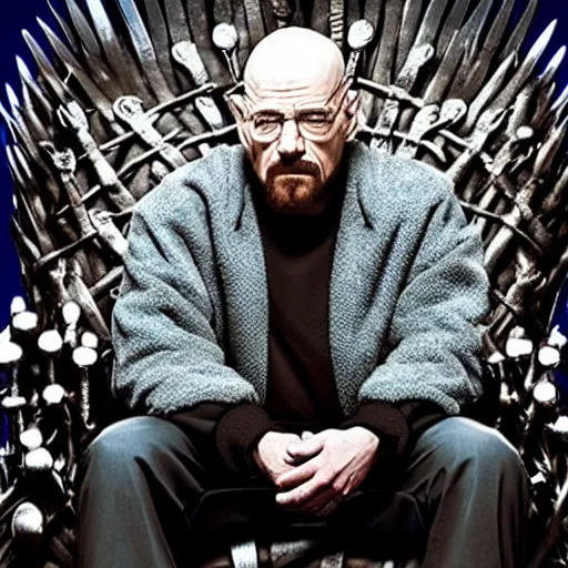 Image similar to “Intricate 4K photo of Walter White sitting on the Iron Throne from Game of Thrones, award-winning crisp details”