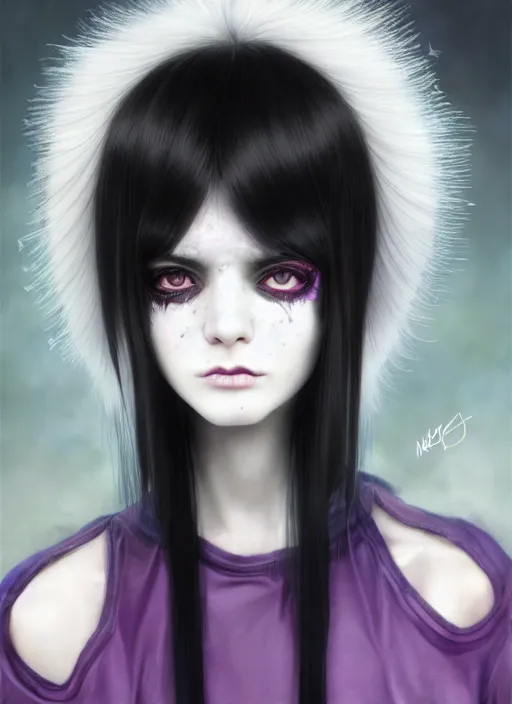 Image similar to hair blackbangs hair, white cyberlox, portrait of normal teenage girl, normal face, black bangs, messy bangs, fluffy bangs, cyberlox, whitebangs, red contact lenses, purple background, intricate, elegant, highly detailed, digital painting, artstation, concept art, sharp focus, smooth, illustration, art by wlop, mars ravelo and greg rutkowski