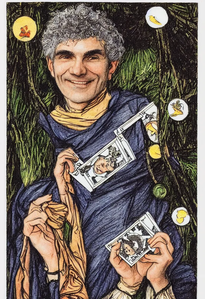 Image similar to Yoshua Bengio smiling drawn on the Tarot card. Illustration by preraphaelists.