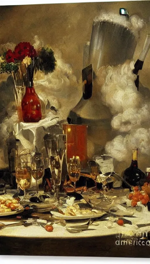 Prompt: still life painting of party hit by nuclear missile, by Peder Krøyer, golden hour, dramatic lighting, epic, gargantuan, intricate detail, canvas print