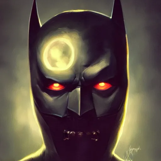 Image similar to a hyper realistic portrait painting of the batman, glowing eyes, creepy, backlight, horror vibe, real, realistic lighting in the style of greg rutkowski, trending on artstation,