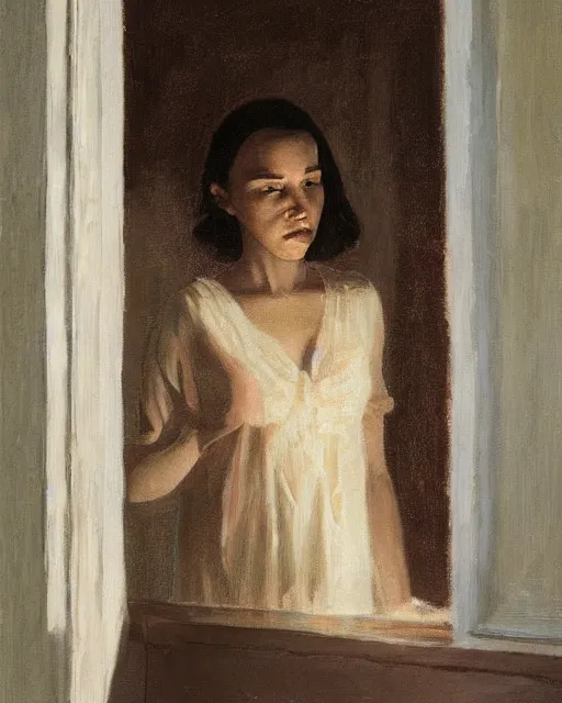 Image similar to Alba Baptista looking out the kitchen window at night, moonlight, light streaks, detailed face, by Kenne Gregoire