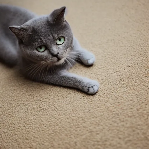 Image similar to gray cat stretching on beige carpet