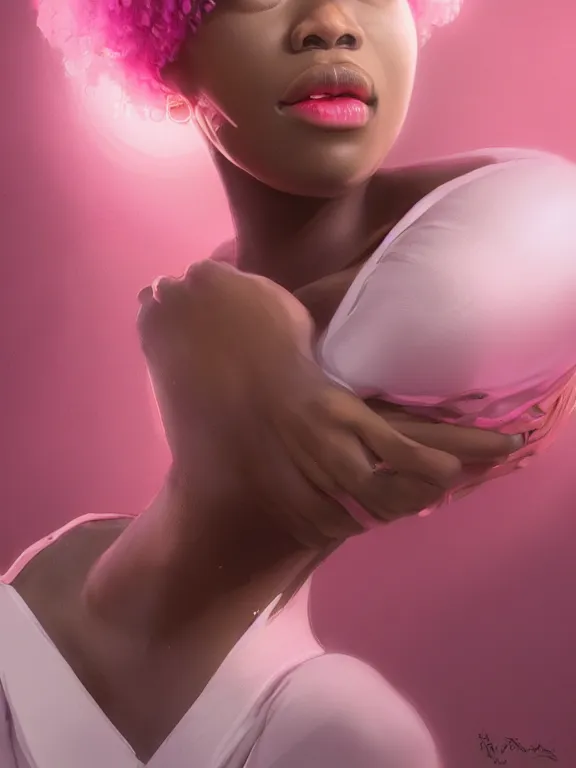 Image similar to beautiful nigerian girl with short pink hair and nose piercing, pink eye liner, thin round earrings, winds of winter, hyper detailed, digital art, trending in artstation, cinematic lighting, studio quality, smooth render, octane rendered, concept art, sharp focus, illustration, art by artgerm and greg rutkowski and wlop