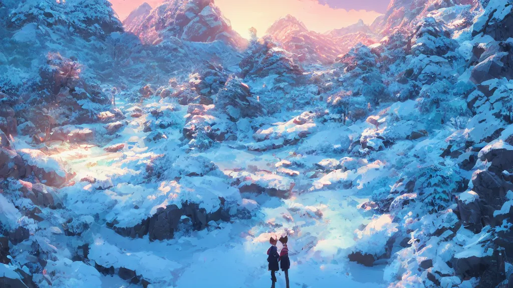 Prompt: landscape of a snowy mountainous region, rich vivid colors, ambient lighting, dynamic lighting, 4k, HQ, official media, anime key visual, makoto shinkai, ilya kuvshinov, lois van baarle, rossdraws, detailed, trending on artstation