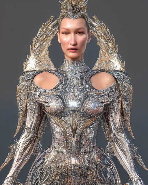 Image similar to a highly detailed metahuman 4 k close up render of a bella hadid as archangel monument renaissance in iris van herpen dress schiaparelli in diamonds crystals swarovski and jewelry iridescent in style of alphonse mucha gustav klimt trending on artstation made in unreal engine 4