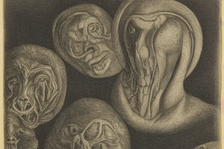 Prompt: portrait mezzotint of a group of mythical monsters and beasts in a squishy style