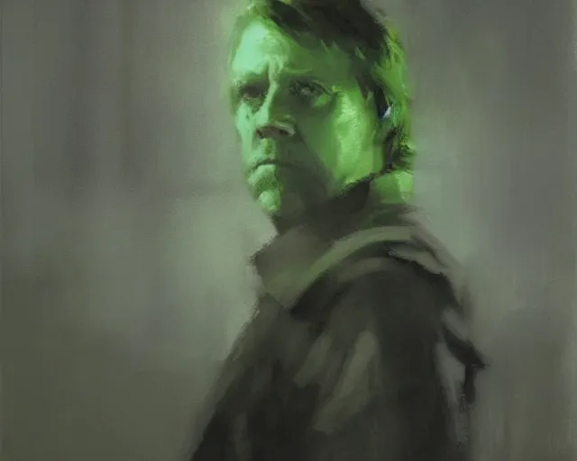 Image similar to portrait of luke skywalker in shades of grey but with green by jeremy mann