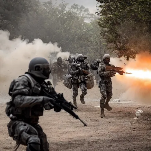 Image similar to Special Forces in grey uniform with black body armor under artillery fire in 2022, photo by Adam Ferguson, Pulitzer Winning, cinematic composition, breathtaking, modern, 2022