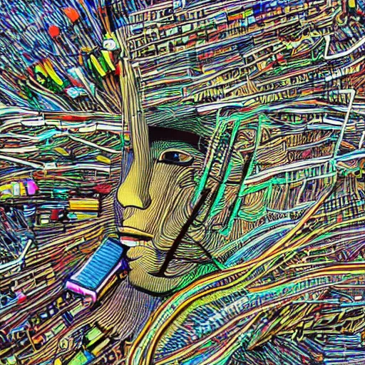 Prompt: synthesizer player made of information networks and wires, intricate, sparks, computer breakdown, crash, digital, pen and ink, fine lines, digital glitch, smeared colored paint, dripping, oil spray