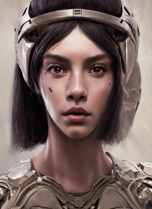 Image similar to a professional painting of a beautiful young female alien, clothed in ethereal armor, olive skin, long dark hair, beautiful bone structure, symmetrical facial features, intricate, elegant, digital painting, concept art, smooth, sharp focus, illustration, from Valerian and the City of a Thousand Planets, by Ruan Jia and Mandy Jurgens and Artgerm and William-Adolphe Bouguerea