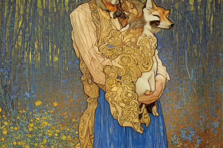 Image similar to landscape art nouveau painting of an old man dressed as a farmer and his fox in the forest, by alphonse mucha and gustav klimt and antoni gaudi, masterpiece,, warm shades of blue, silver, orange, gold, and pink, oil painting, high resolution, very detailed, oil on canvas, trending on artstation