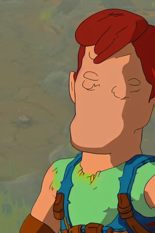Image similar to an in game portrait of fry from futurama in the legend of zelda breath of the wild, breath of the wild art style.