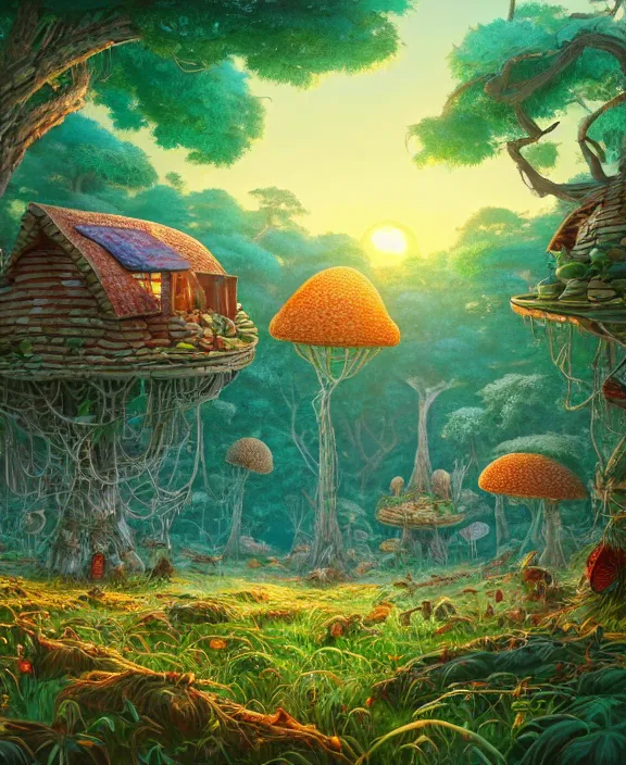 Image similar to a whimsical cabin made from beetles, overgrown with huge exotic fungus, deep in the woods, cheerful, sunrise, by dan mumford, yusuke murata, makoto shinkai, ross tran, dreamy, cinematic, unreal engine, cel shaded, featured on artstation, pixiv