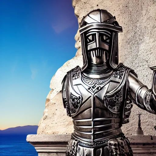 Image similar to greek statue of a Templar knight with ornate engraved armor holding his sword in a battle ready stance looking out over a Cliffside with crashing waves on the shore, synthwave, 4k