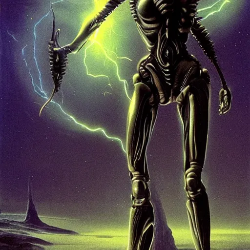 Image similar to a highly detailed 3D portrait of an attractive female cyborg standing holding a strange xenomorphic weapon in a seductive pose ready for battle. Alien spaceship high in the background. Flowing beautiful hair, anatomy portrait, fullbody, symmetrical and science fiction theme with lightning, aurora lighting clouds and stars. Clean and minimal design by beksinski, carl spitzweg, HR Giger and Tuomas Korpi and bouguereau and Zdzislaw Beksinski, good clear quality, lighting, biology, symmetrical artwork, perfect face, 135 mm, cinematic, hyper realism, high detail, octane render, 8k, crimson accents
