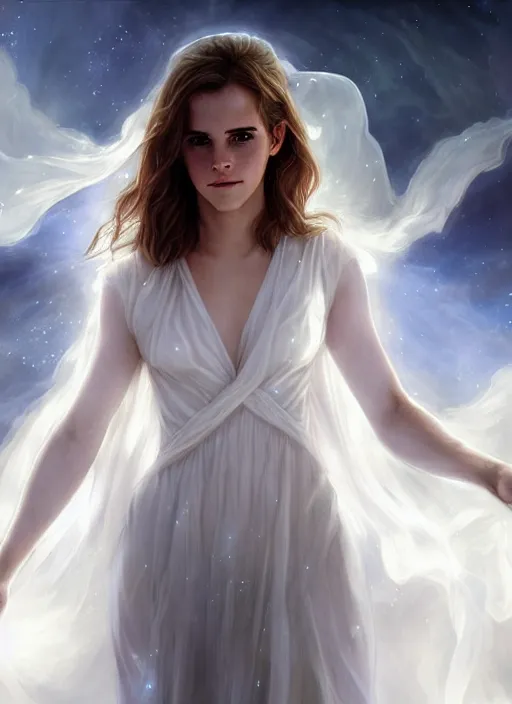 Image similar to emma watson as magic healer celestial, long hair, white and transparent cloth, space, D&D, shiny background, intricate, elegant, highly detailed, digital painting, artstation, concept art, smooth, sharp focus, illustration, artgerm, bouguereau