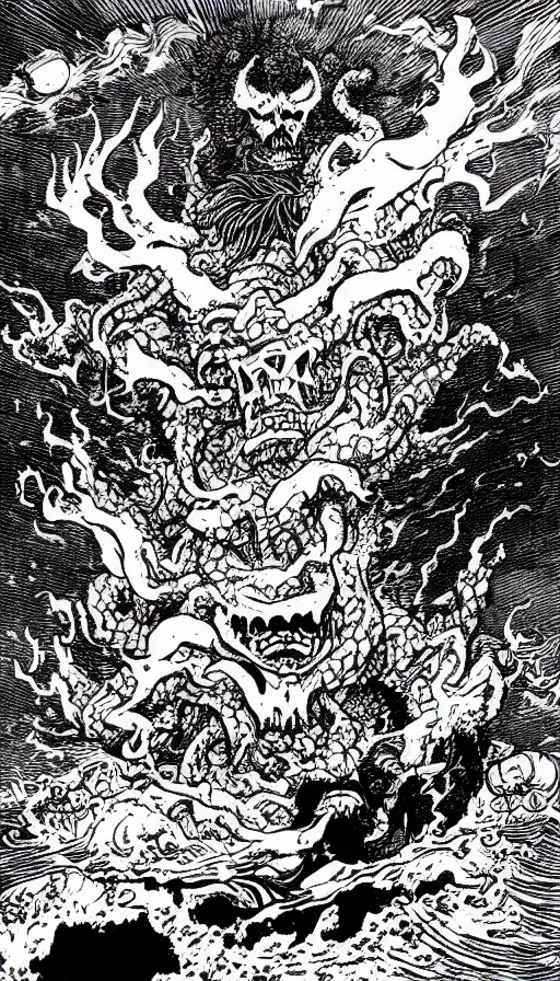 Image similar to man on boat crossing a body of water in hell with creatures in the water, sea of souls, by eiichiro oda